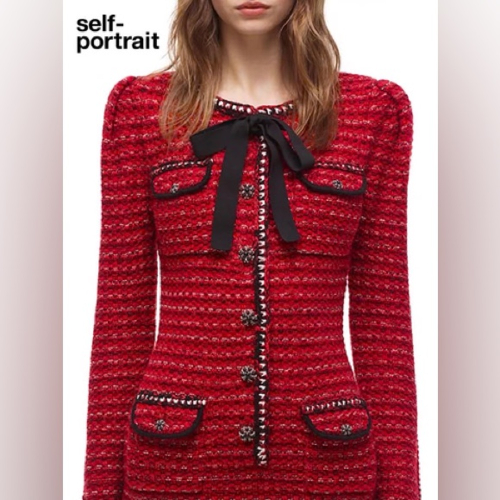 Self-Portrait Vibrant Red Textured Knit Dress Size L